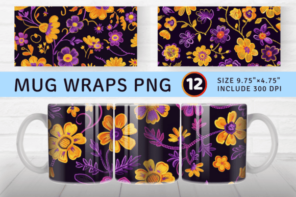 Purple Yellow Floral Embroidery Mug Wrap Graphics