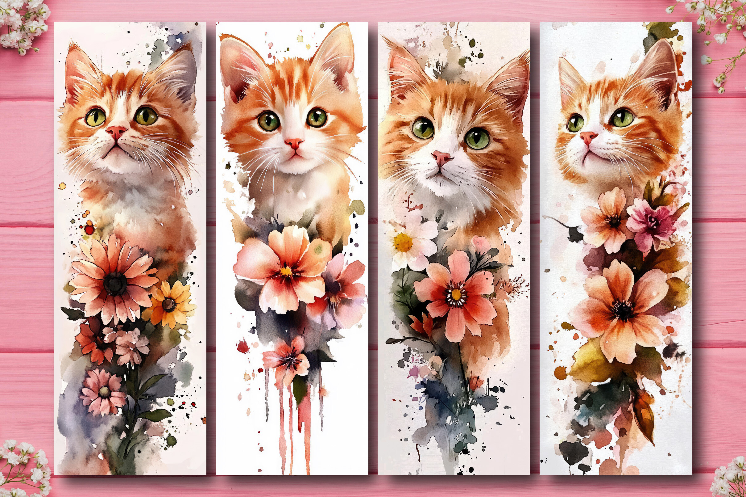 Watercolor Cute Floral Cat Bookmark PNG Graphic by Digital Panda ...