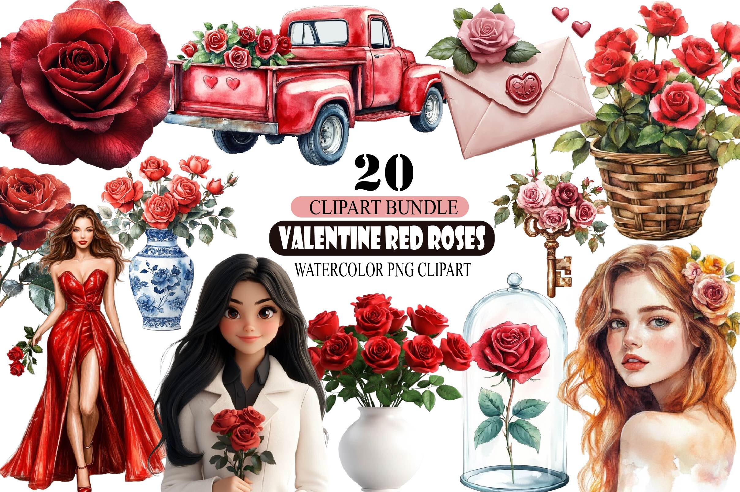 Valentine Red Roses Watercolor Clipart Graphic by lazy cute cat ...