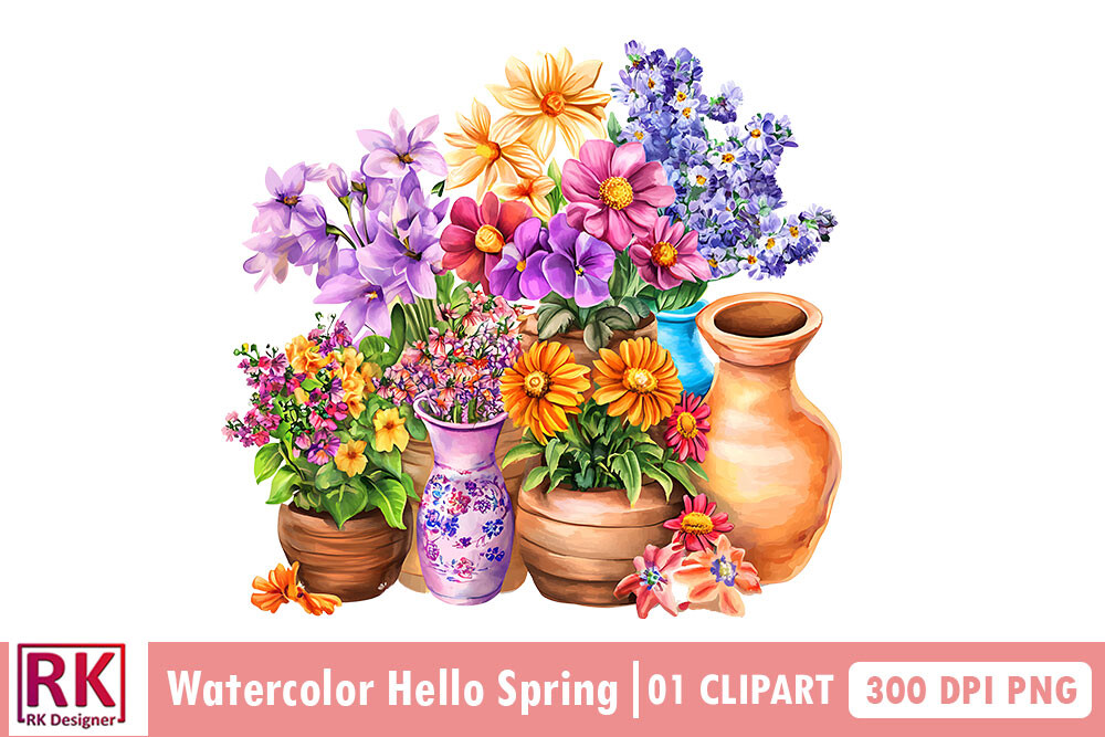 Watercolor Hello Spring Clipart PNG Graphic by Rk Designer · Creative ...