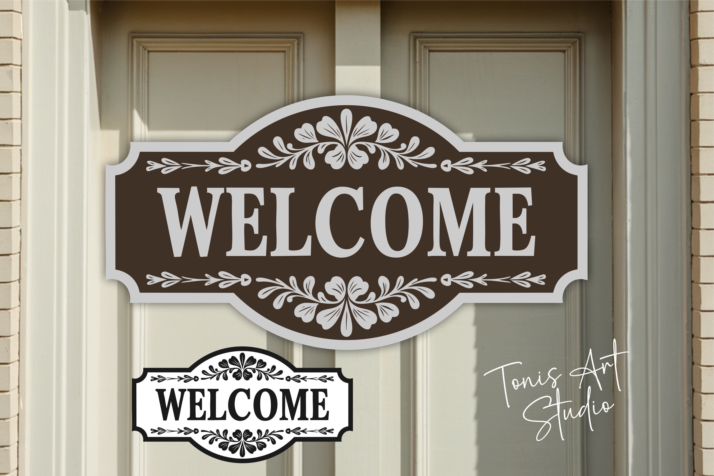 Welcome Sign SVG Door Laser Cut File preview, decorative door welcome sign with ornamental details
