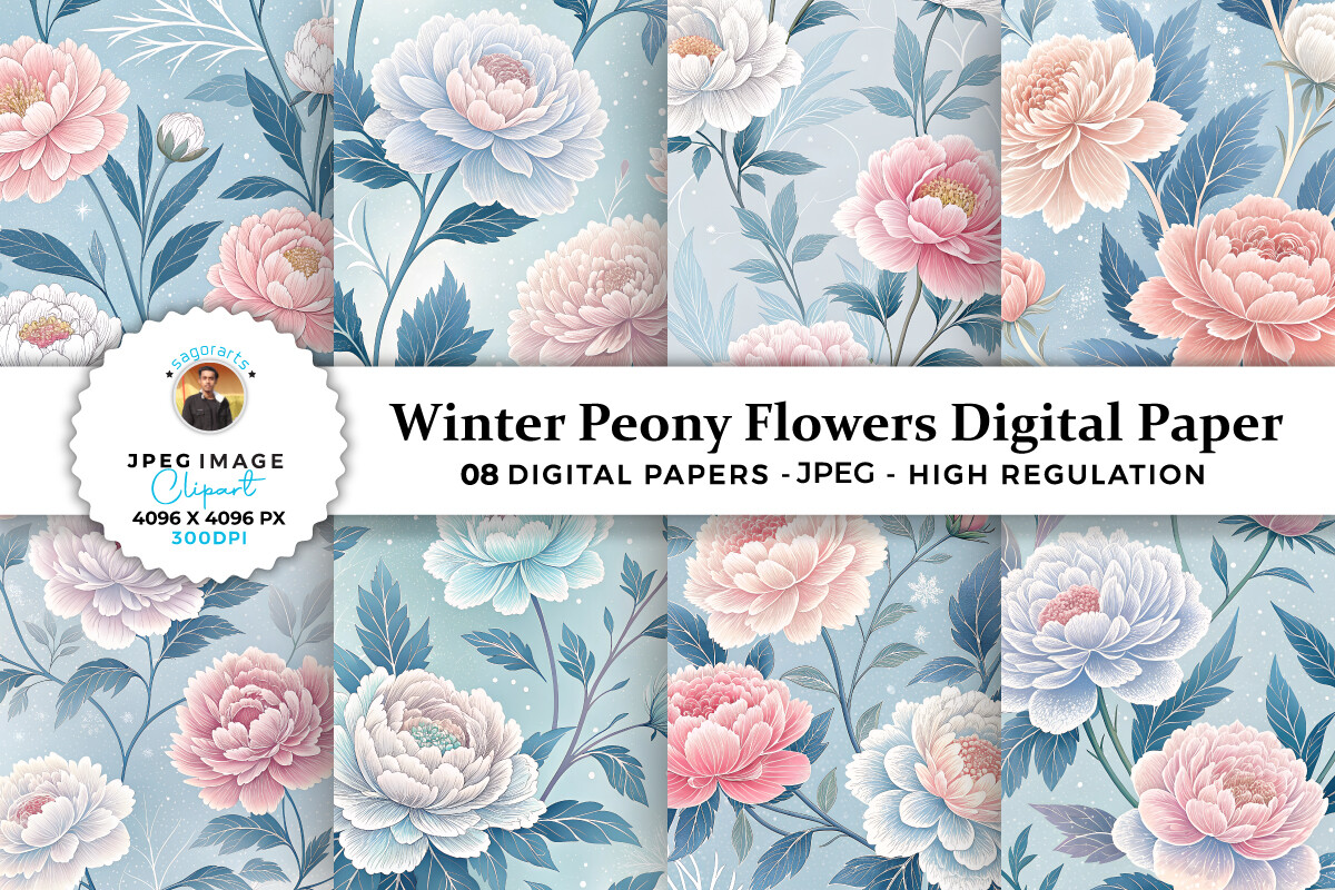 Winter Peony Flowers Digital Paper Graphic by sagorarts · Creative Fabrica