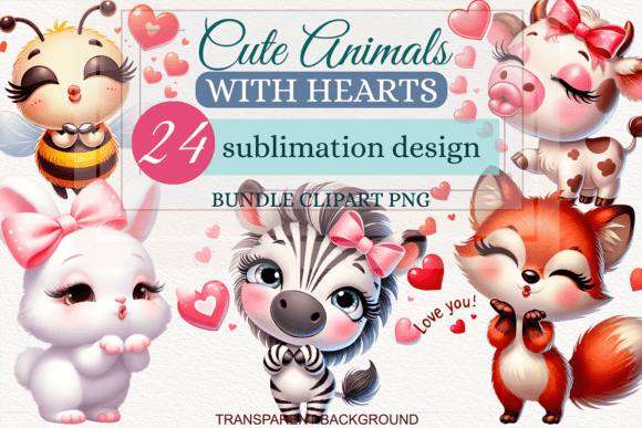 Preview of Cute Animals with Hearts Clipart PNG Bundle Valentine sublimation design