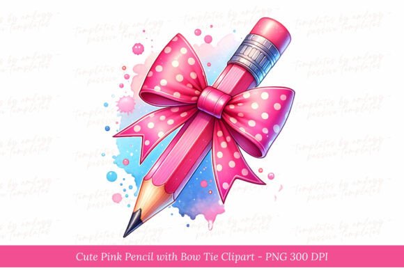 Cute Pink Pencil with Bow Tie Clipart Graphic Illustrations By Templates by amleyy