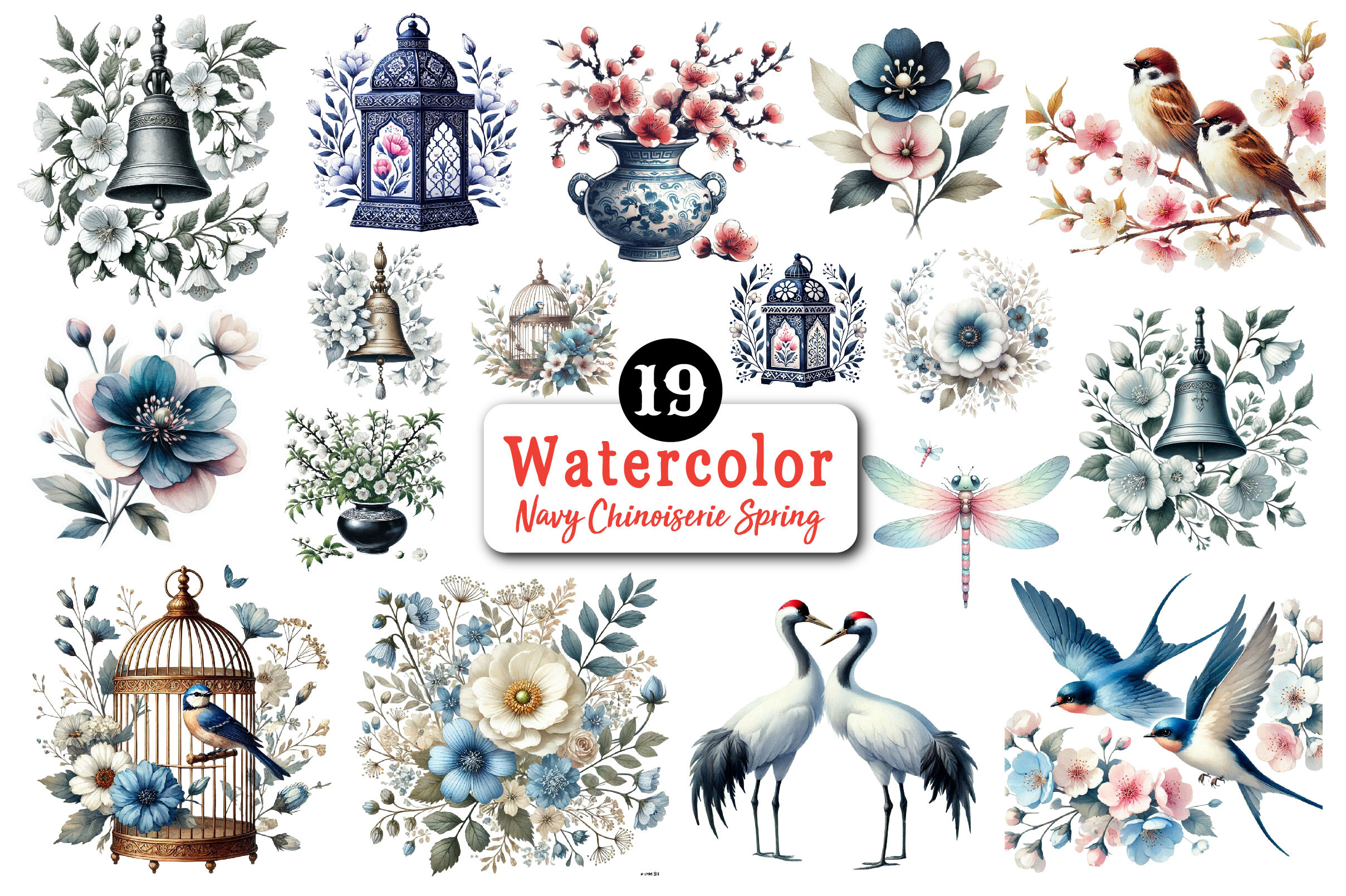 Navy Chinoiserie Spring Clipart Graphic by Design Market · Creative Fabrica