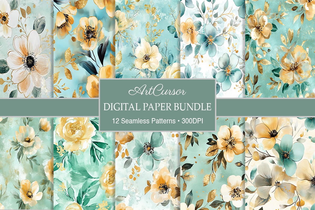 Mint & Gold Watercolor Flower Patterns Graphic by ArtCursor · Creative ...