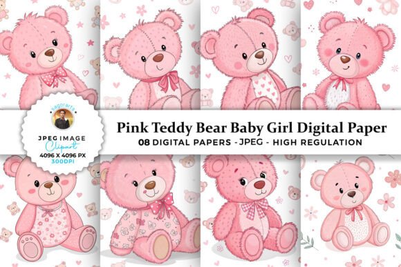 Pink Teddy Bear Baby Girl Digital Paper