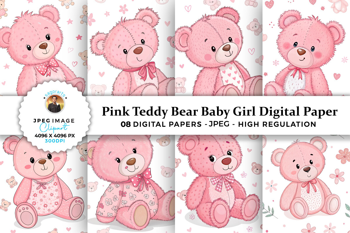 Pink Teddy Bear Baby Girl Digital Paper