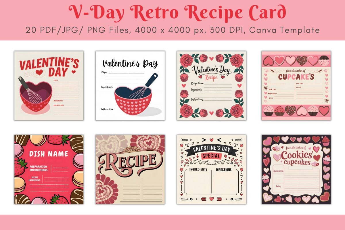 V-Day Retro Recipe Card Templates
