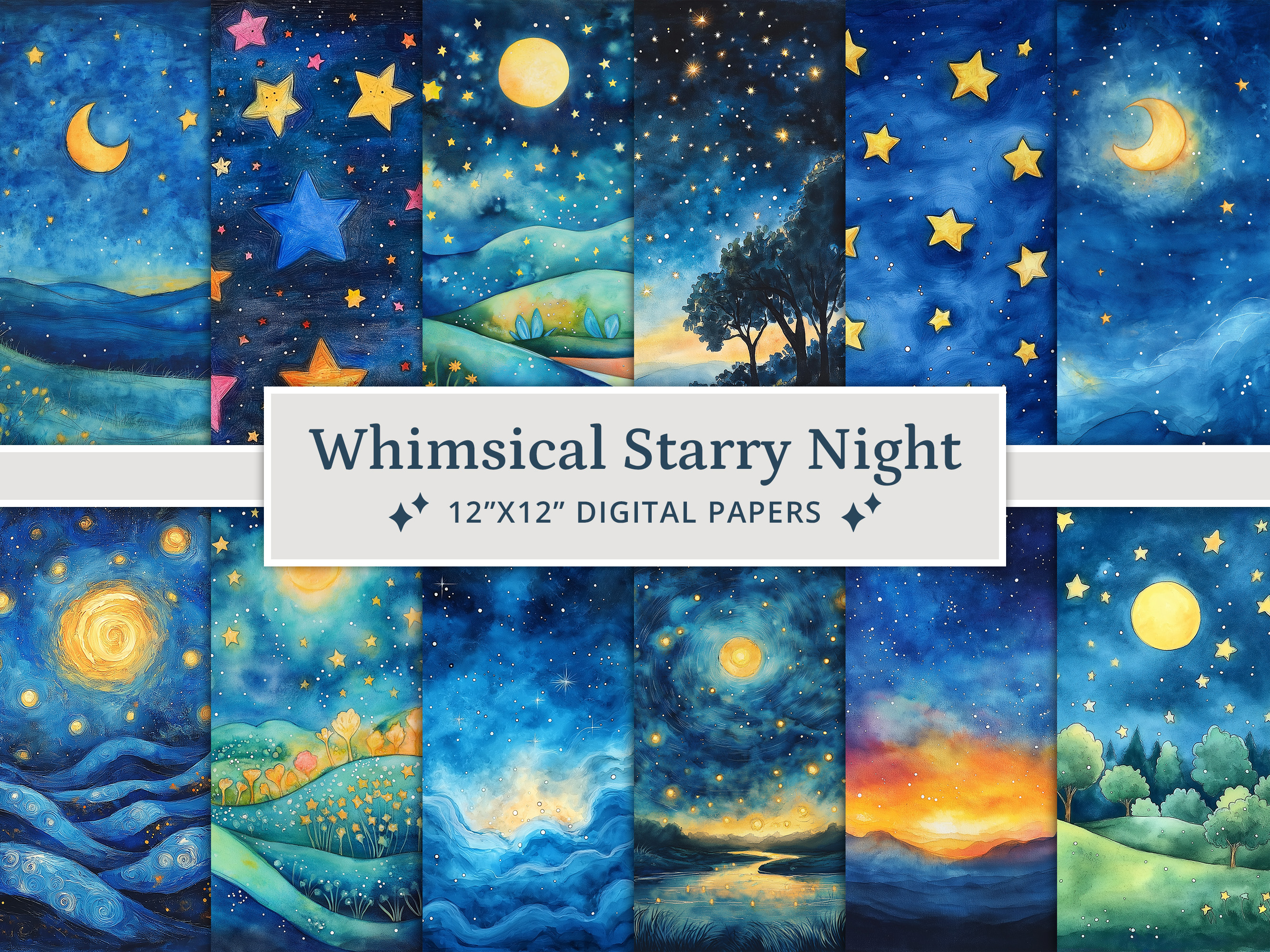 Whimsical Starry Night Digital Papers
