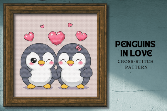 Penguins in Love Valentine Cross-stitch