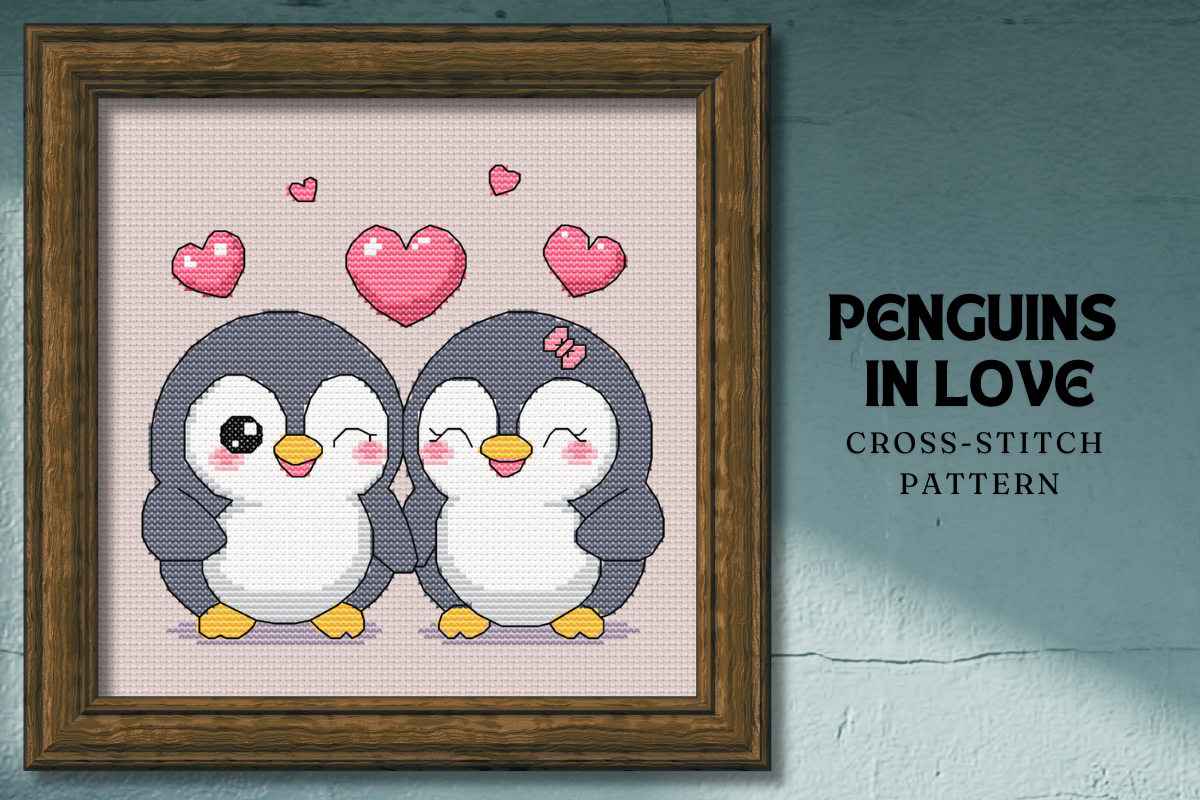 Penguins in Love Valentine Cross-stitch