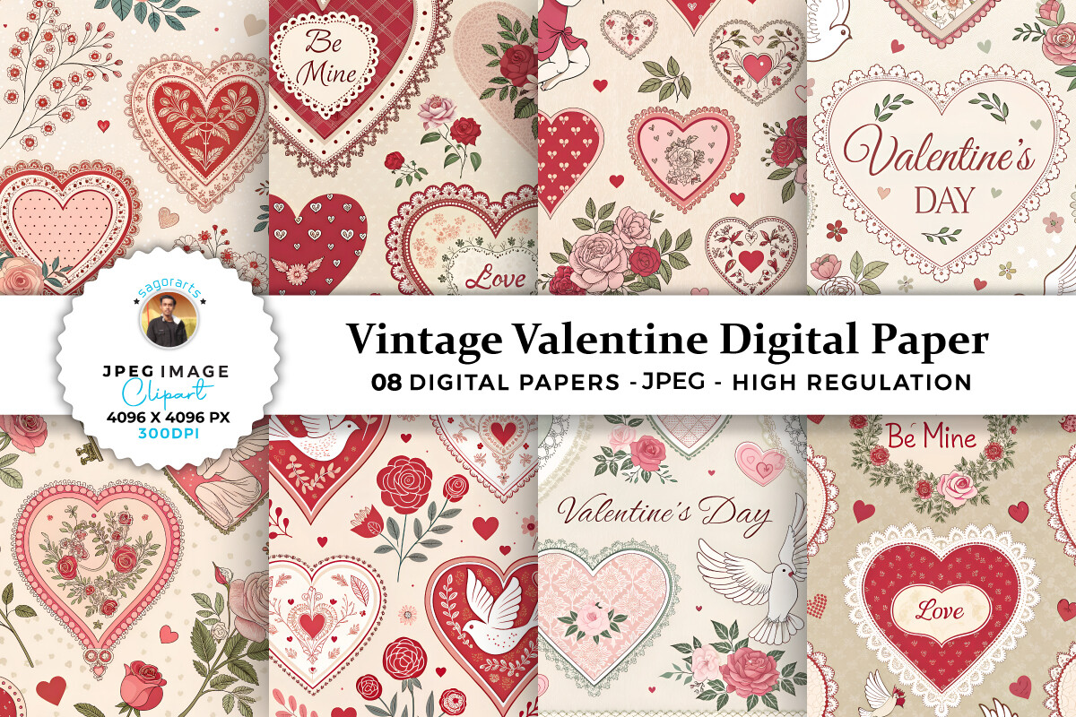Vintage Valentine Digital Paper Graphic by sagorarts · Creative Fabrica