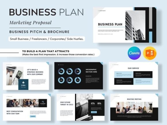 Canva business plan presentation template with pitch and slide decks