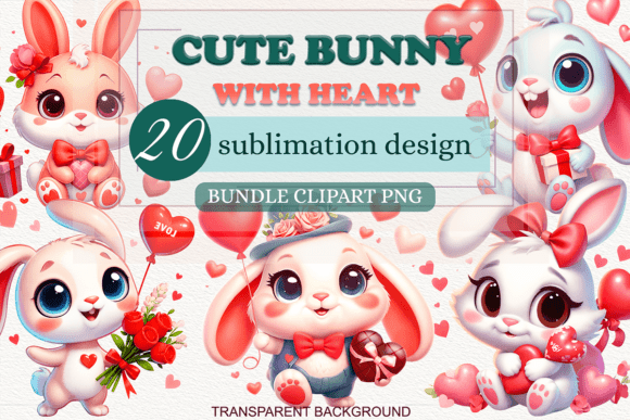 Preview of Cute Bunny with Heart and Gifts Clipart Bundle Valentine sublimation design