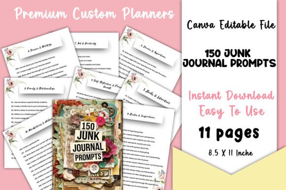 150 Junk Journal Prompts Canva KDP
