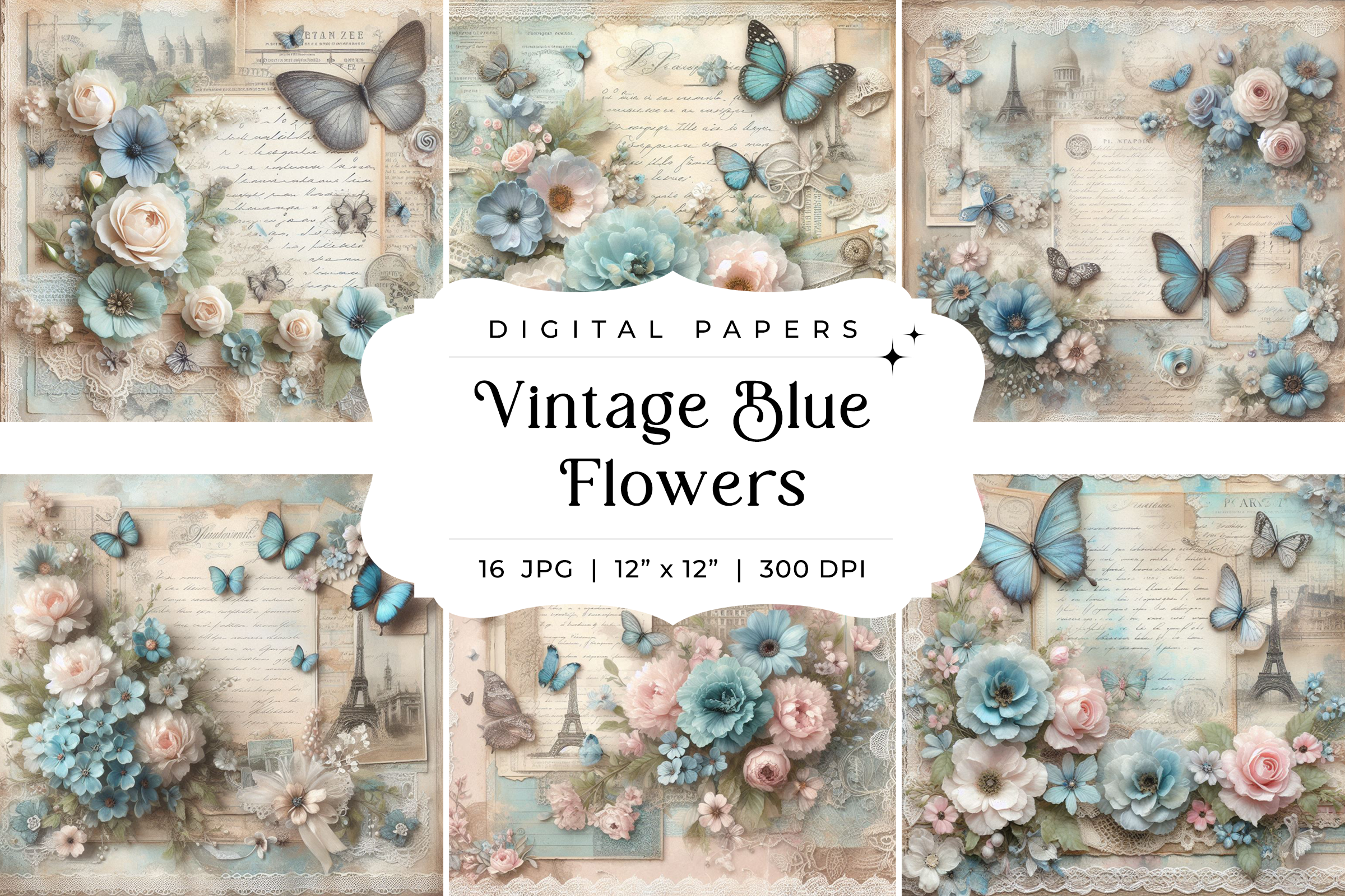 Vintage Blue Flowers Junk Journal Pages Graphic by Finiolla Design ...