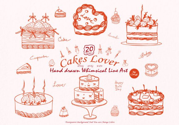 Birthday Cake Hand Drawn Whimsical Line