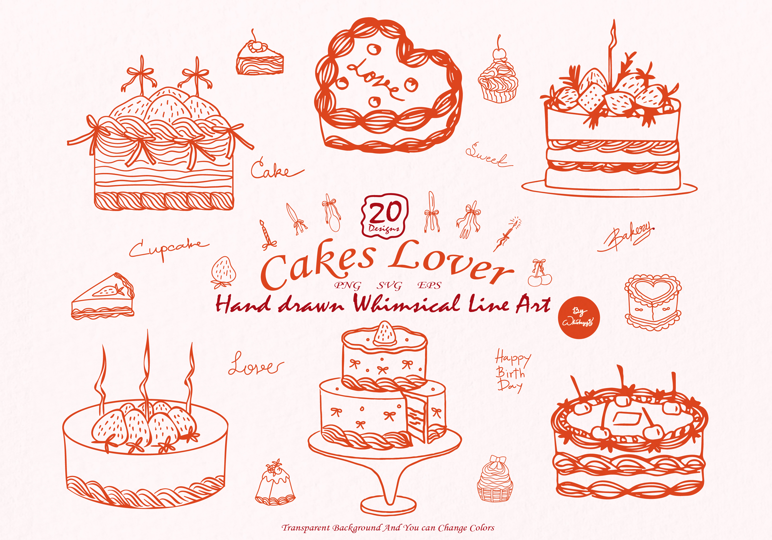 Birthday Cake Hand Drawn Whimsical Line