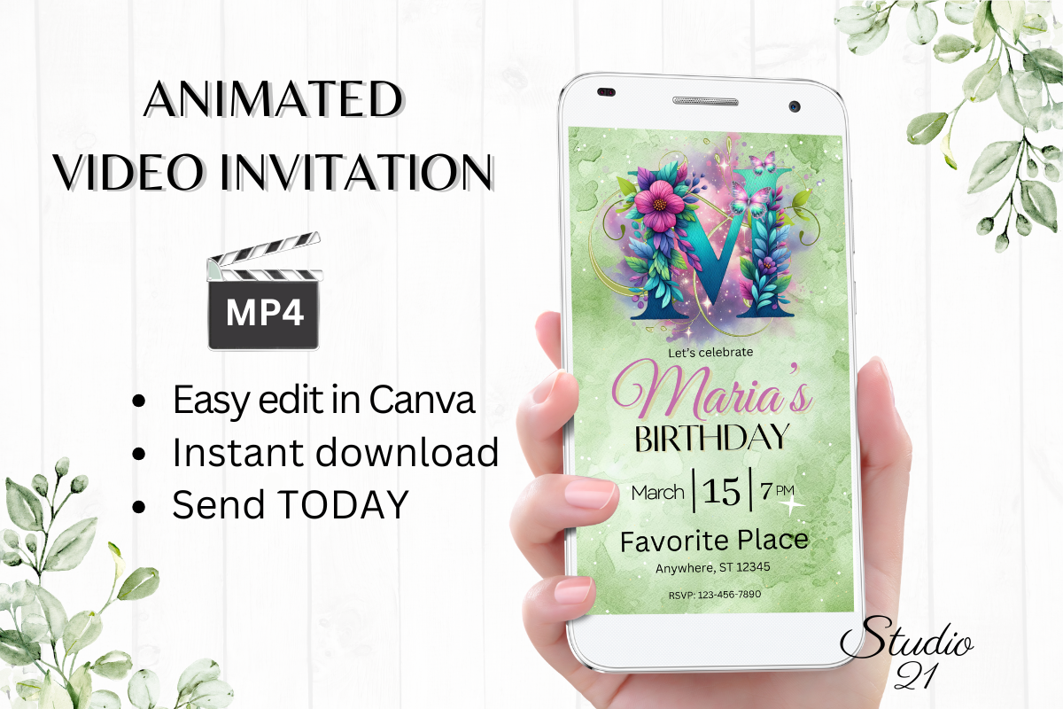 Monogram Floral Birthday Inviatation