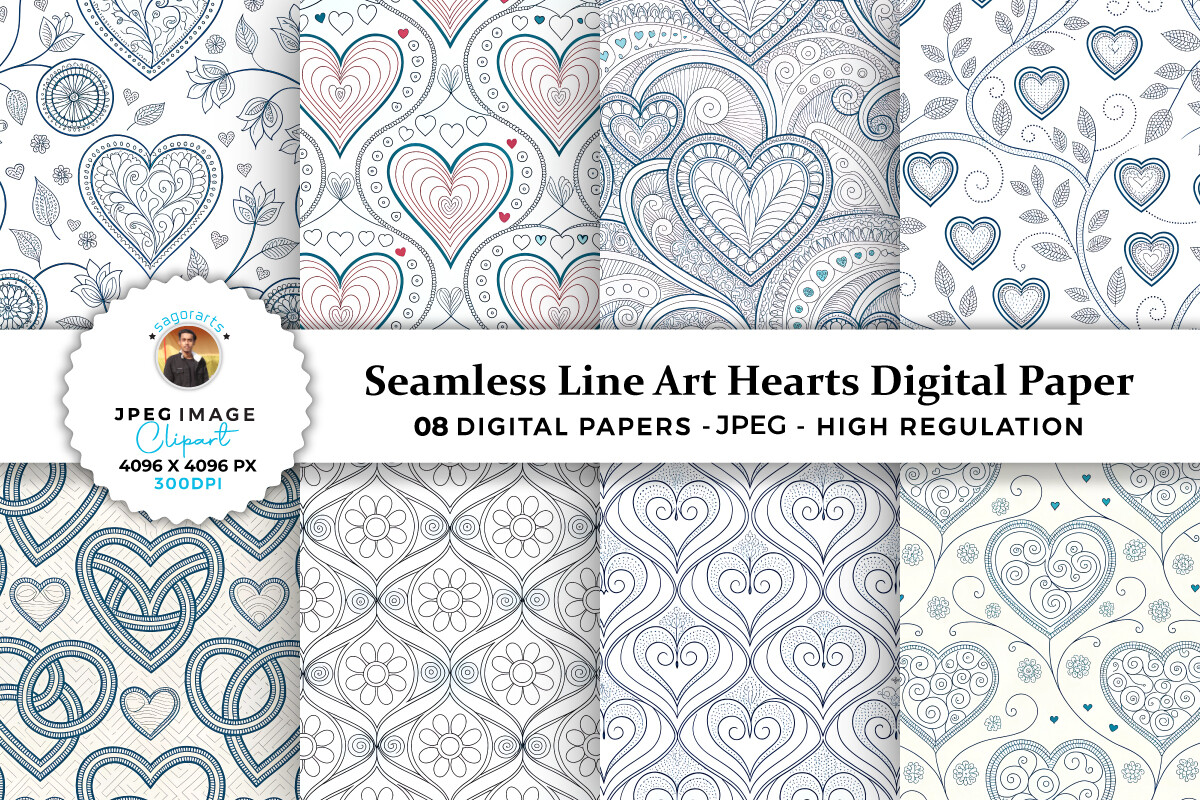 Seamless Line Art Hearts Digital Paper Graphic by sagorarts · Creative ...