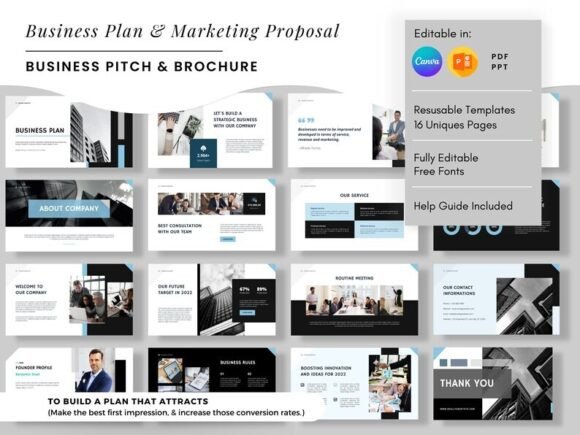 Professional Canva business plan pitch deck and slide deck template