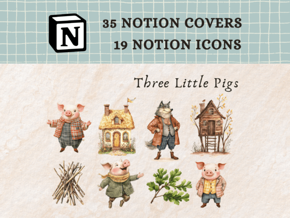 Three Little Pigs Themed Notion Icons