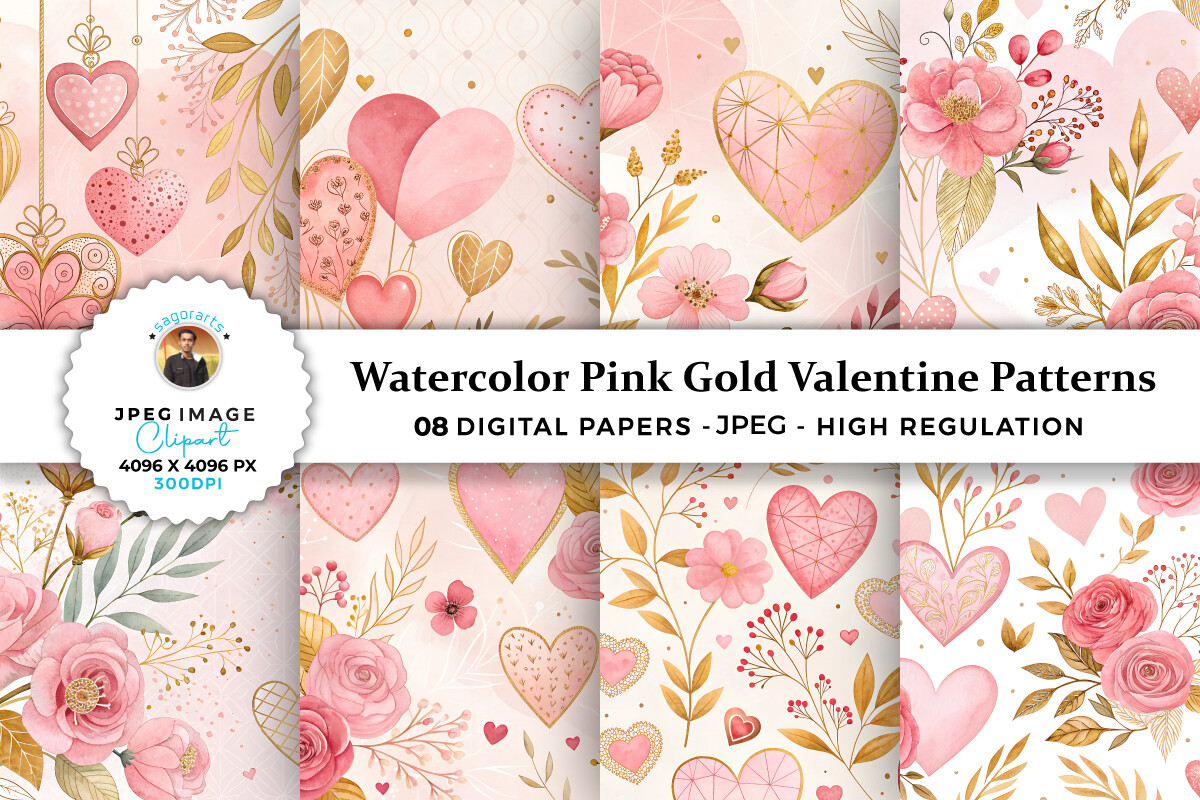 Watercolor Pink Gold Valentine Patterns Graphic by sagorarts · Creative ...