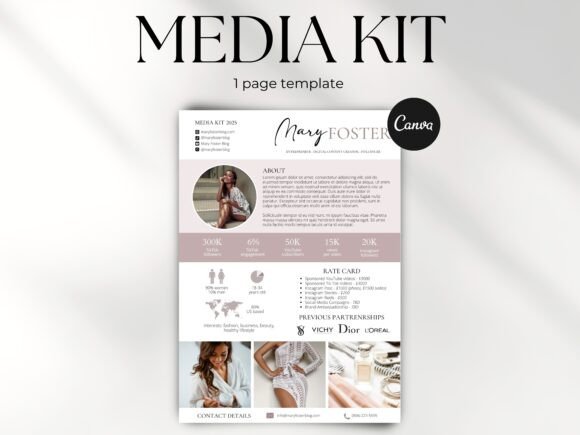 Pink one-page Canva media kit with rate card