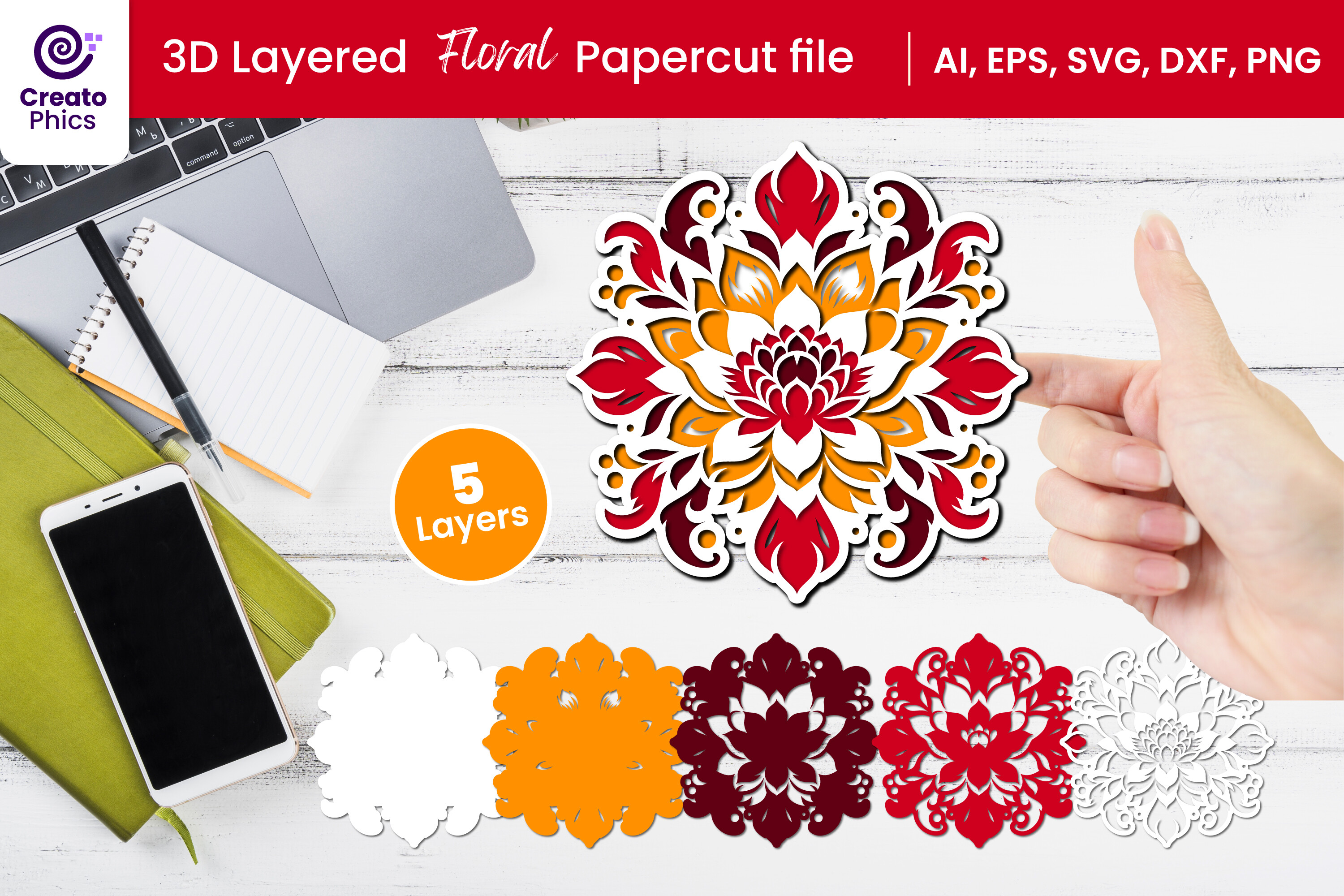 3D Layered Floral Papercut Flower SVG · Creative Fabrica