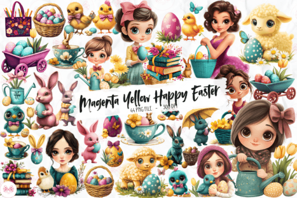 Magenta Yellow Happy Easter Clipart Graphic by Markicha Art · Creative ...