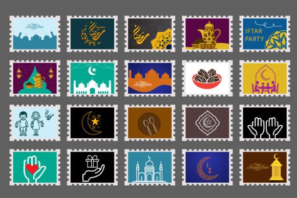 Set of Ramadan Post Card Stamp Illustra