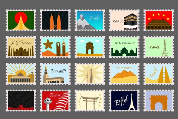 Set of Travel Postcard Stamps