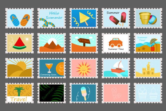 Set of Summer Post Card Stamp