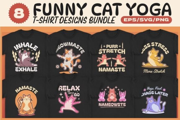 Funny Cat Yoga T-Shirt Designs Bundle for Cricut tees