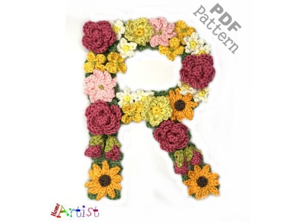 Floral Letter R Crochet Applique Pattern