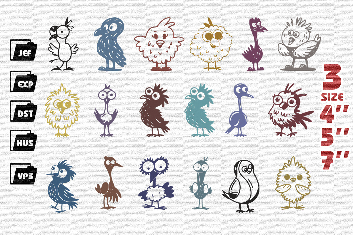 Set of 18 Funny Bird Embroidery