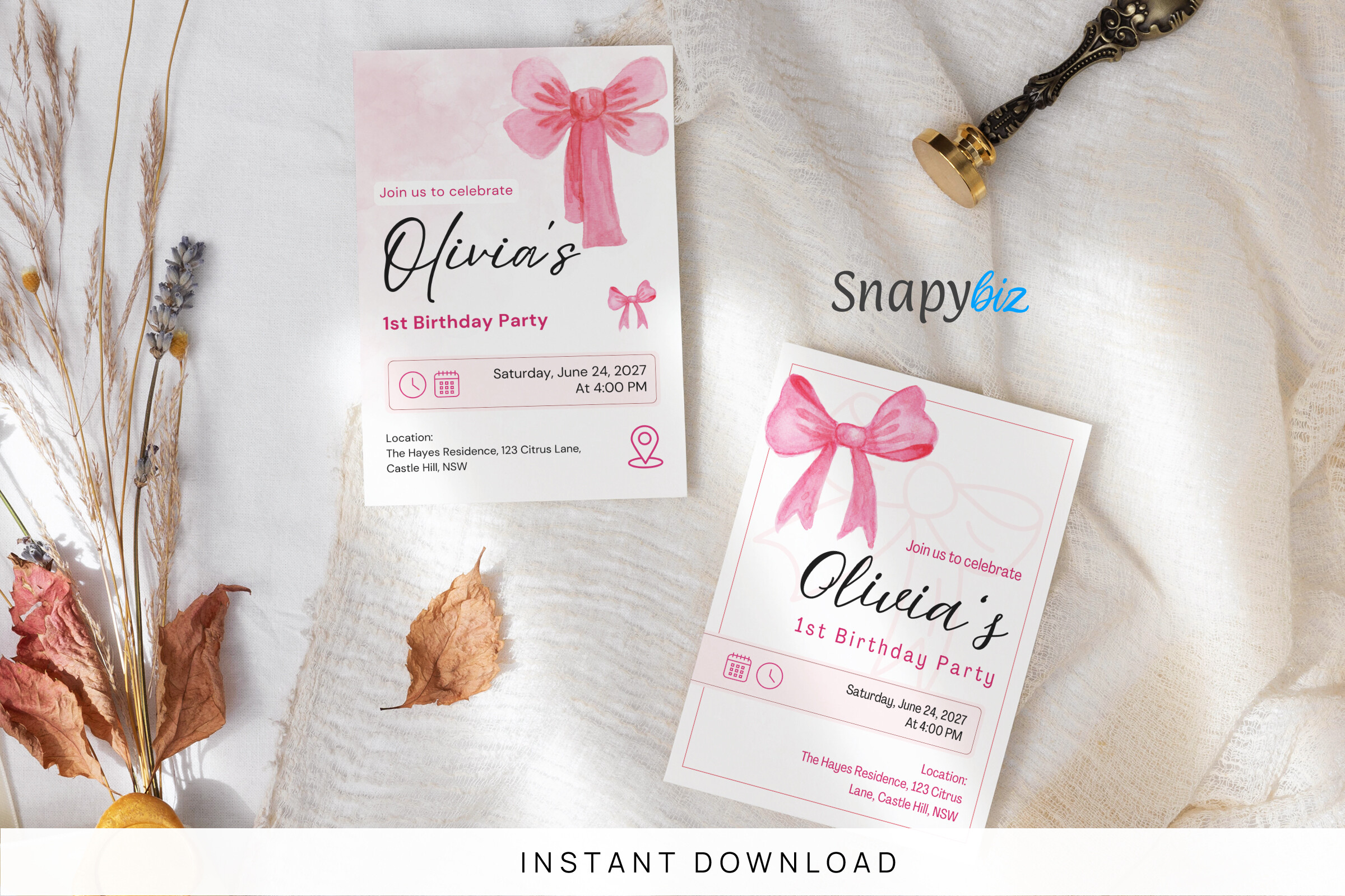 Pink Bow Birthday Invitation Template