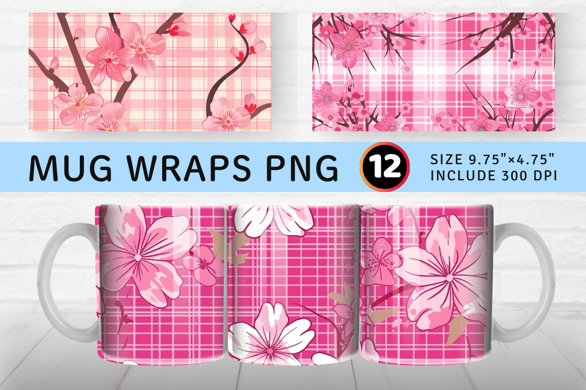 Pink Sakura Flowers Plaid Mug Wrap Subli Graphic by CraftyCakes ...