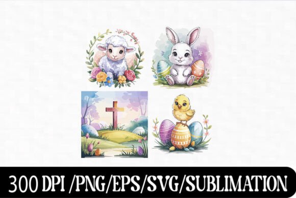 Cute Easter Bunny Lamb Chick & Cross Wat