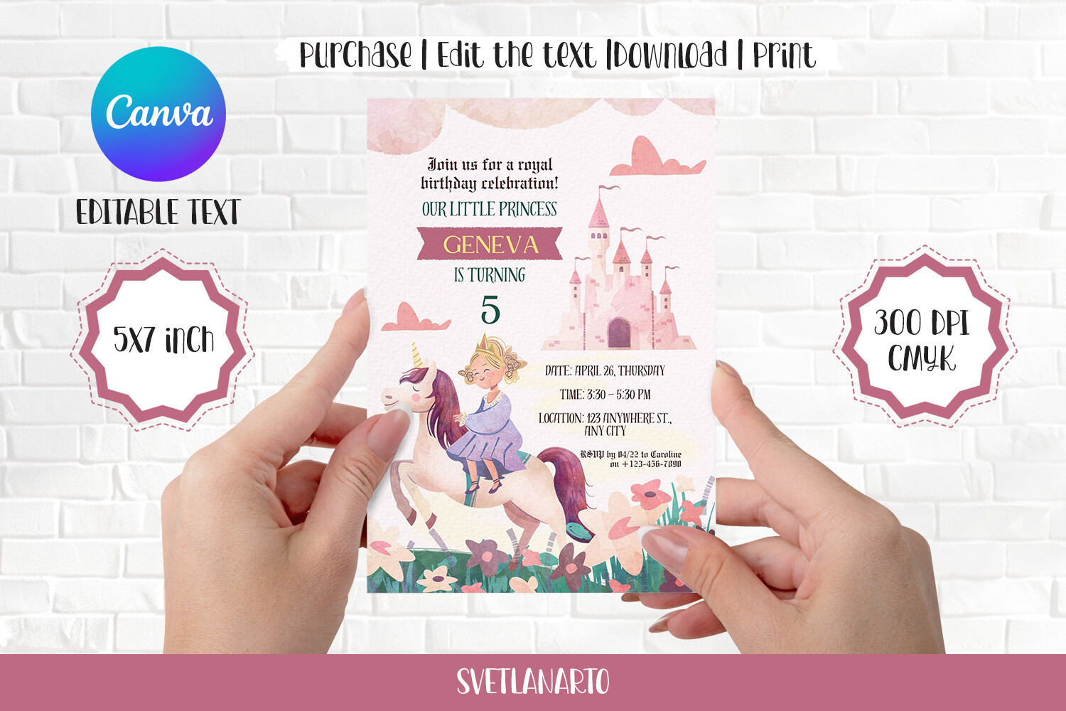 Princess Party Invite Canva Editable