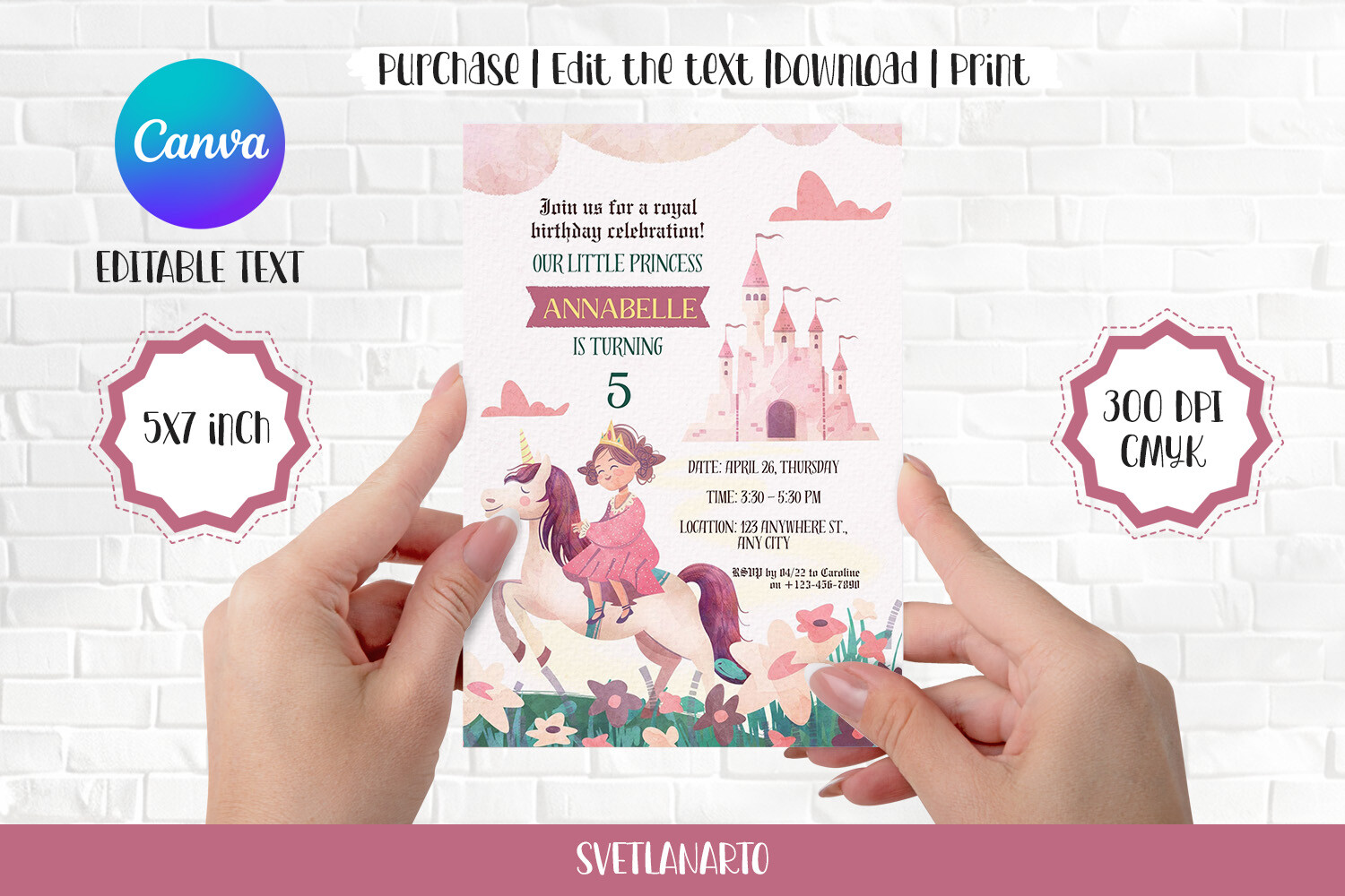Princess Party Invite Canva Editable