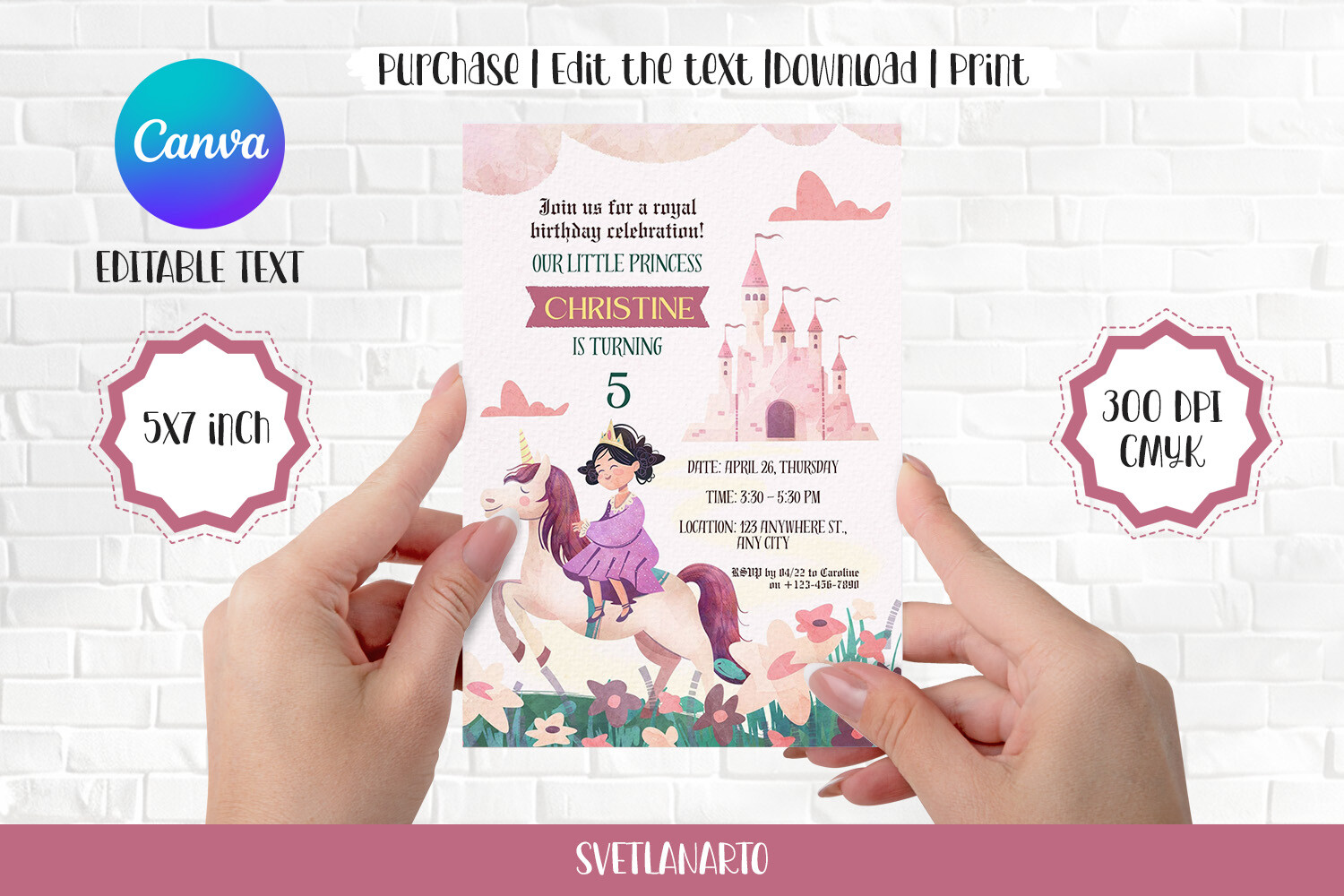 Princess Party Invite Canva Editable