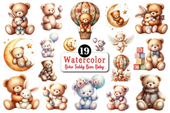 Boho Teddy Bear Baby Clipart Illustration Illustrations Imprimables Par Design Market