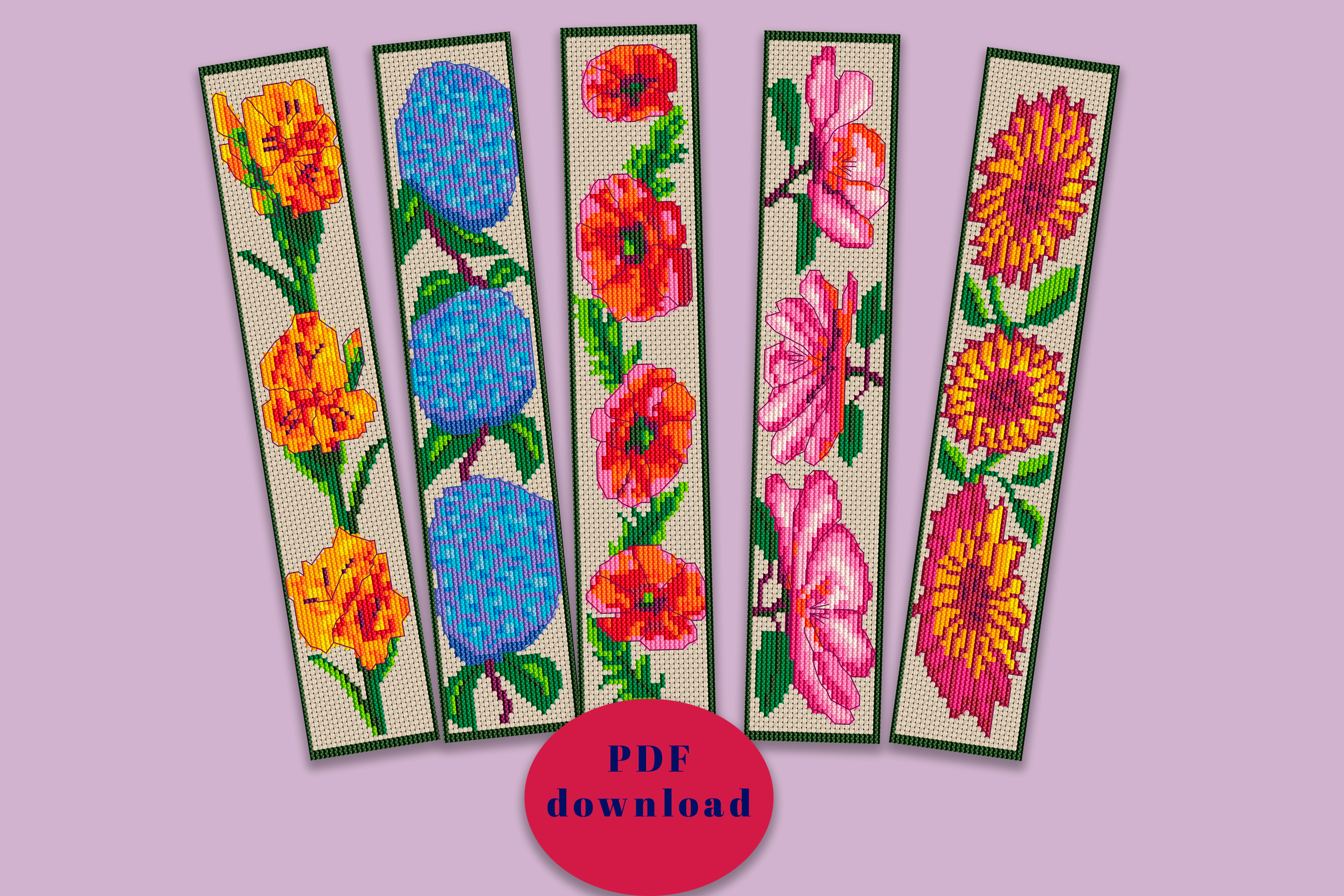 Cross Stitch Pattern Floral Bookmark Set