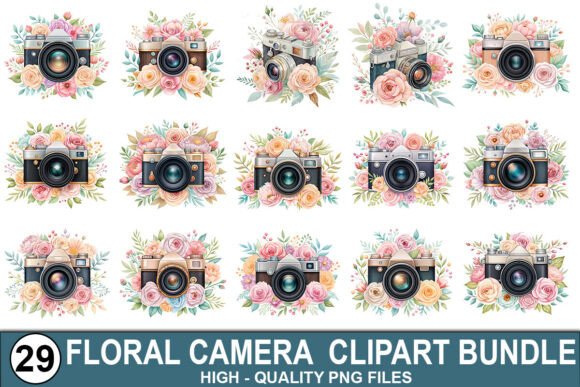 Watercolor Floral Camera Clipart Bundle