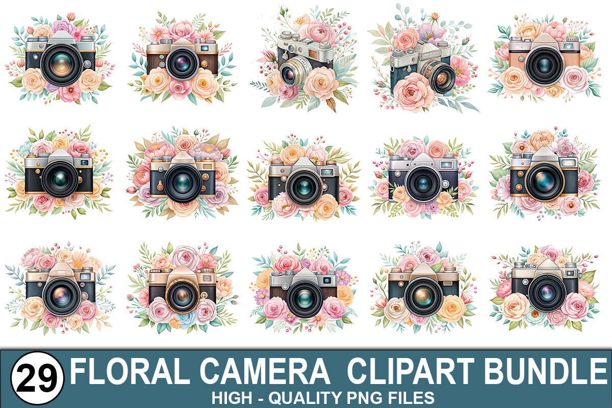 Watercolor Floral Camera Clipart Bundle