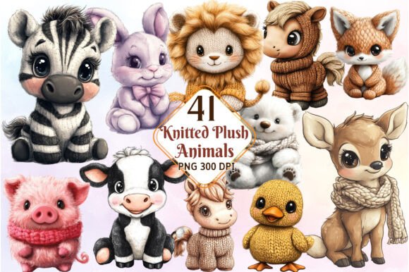 Vintage Knitted Plush Baby Animals Png