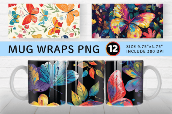 Colorful Floral Butterfly Mug Wrap Subli Graphics