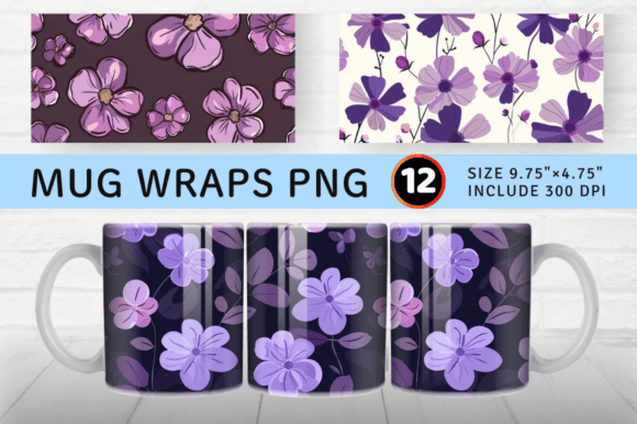 Cute Purple Flowers Mug Wrap Sublimation Graphics
